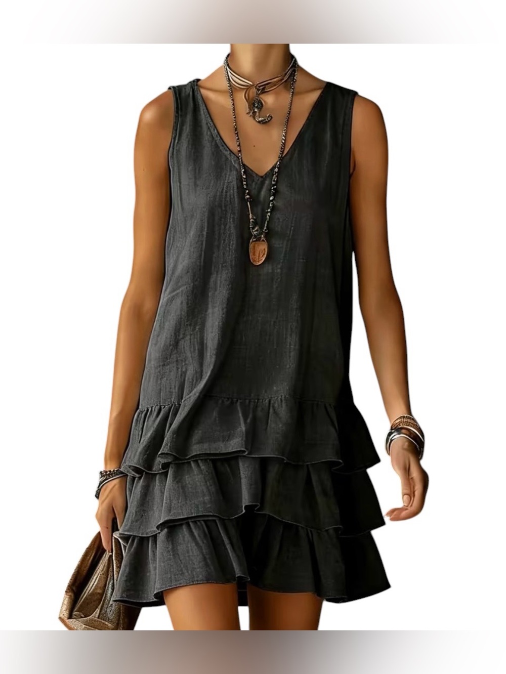 Tiered Ruffle Sleeveless Dress - Black